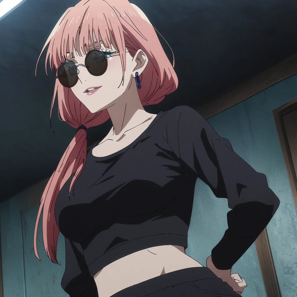 1girl, female gojo satoru, anime screencap from jujutsu kaisen, gojo satoru female version, solo, long_hair, ((wearing round sunglasses)) ((Red_hair, low ponytail)), night view, (hanging breasts) upper_body, smile, indoors, book, lips, (long hair) ((wearing black colour crop top with full sleeves and black colour pant)) breast, "very detailed and high resolution" ((solo)) (((front view))) (earings) ((high resolution)) ((good quality)) ((silky hair))
