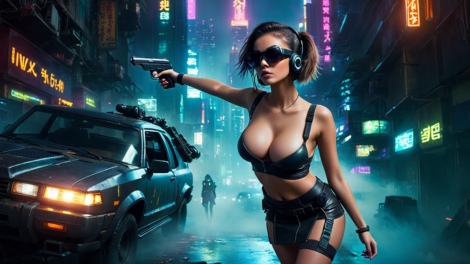 dark futuristic landscape, at night, neon lights, Atmospheric fog, large buildings in the background, futuristic city, streets with open shops, skyscraper (postapocalyptic city:1.3). (((1girl, solo, alone))), large-breast:1.2 slim body, cleavage:1.1, sexy miniskirt, (((headphone, black sunglasses, standing and holding pistol pose))), (((half-body thigh level medium shot))), cinematic lighting, lens flare, ray tracing.
