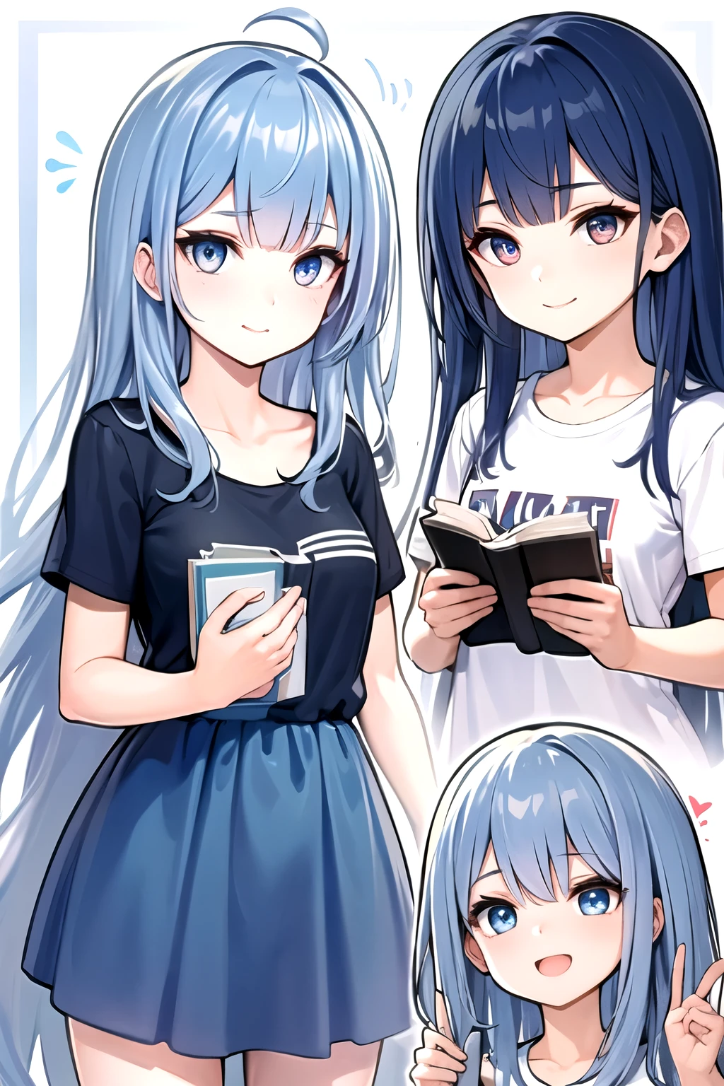 Female high school student,One person,long hair,Can be slightly curled,Color choice bright blue,big eyes,Eye color matches hair color,Expression full of energy,with a smile and a wink,simple cute,The color scheme is bright,Style in line with young people’s preferences,Wear a blue dress or a cute graphic T-shirt,You can have a bow or a small hairpin on your head,Increase cuteness,Character holding a book in hands,Pretend to read or display a book,((best quality)), ((masterpiece)), (detailed),