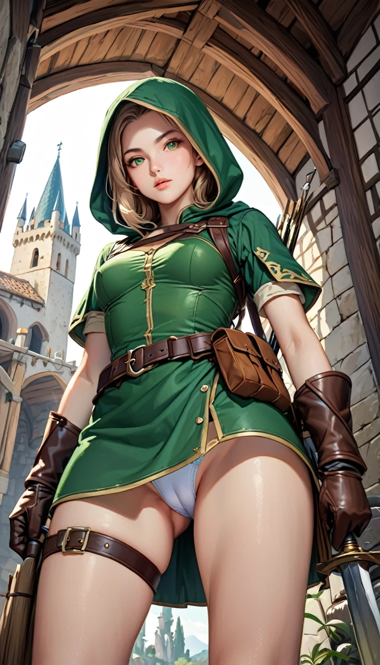 (Female ranger), beatiful girl, thin girl, thin waist, small breast, slender legs, gap between thighs, leather armor, leather gloves, green hood, short dress, (green dress), quiver on her back, from below, (showing her Panties), white panties, (cameltoe), cowboy shot ,medieval fantasy, D&D, RPG, best quality, masterpiece, ultra-realistic, 8k