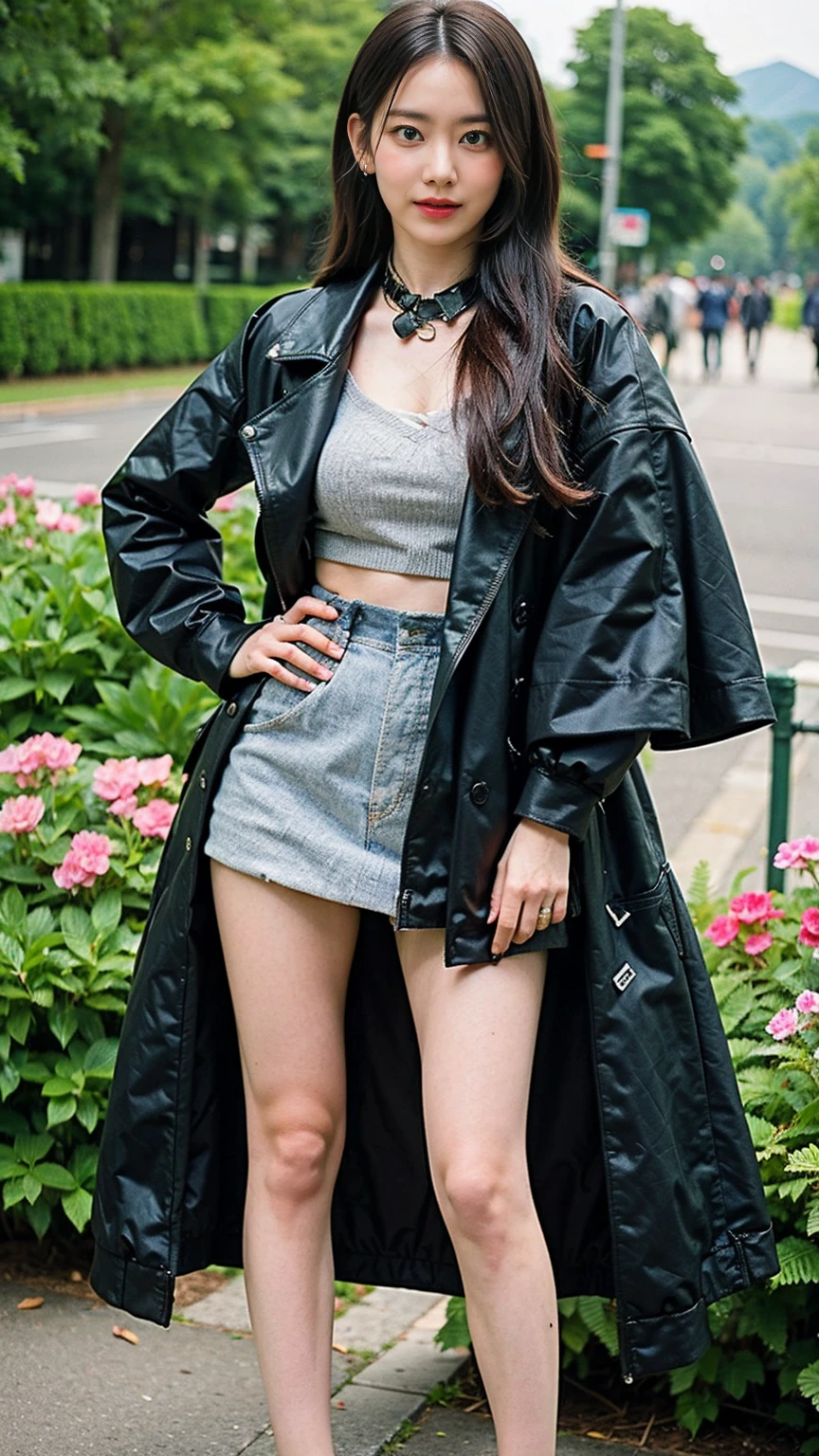 (8k、RAW Photos、Highest quality、masterpiece:1.2)、(Highest quality、Realistic)、1 Girl、((Frills、Black and pink miniskirt、Idol Costume、ribbon、See-through、Thin legs、whole body、boots、garden、View from the front、Looking into the camera、Stand with hands on hips))、cute