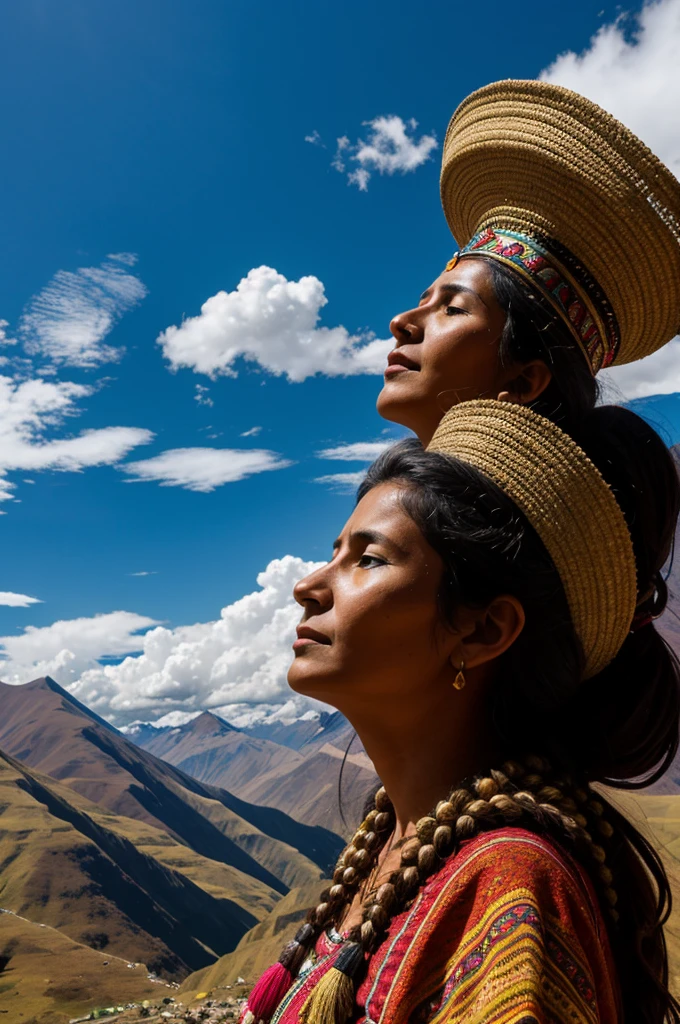 The goddess Pachamama animated version in the Andes looking up at the sky worried