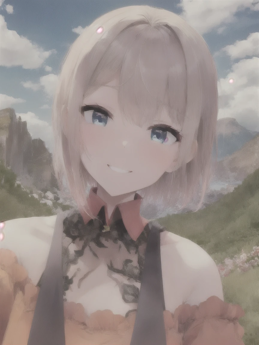 (actual,painting_style,)mexisture, 1 girl, alone,  amelia wexistson, Virtual YouTuber,blond, blue eyes, collar, flower, short hair, actual eyes, Head tilt, smug, watching_exist_audience, Sky, Mountain, outdoor, cloud, Bangs, Upper Body, pink flower, clavicle, orange shirt, parted Lips, Lips, Lace edges, Smile, black collar, Mountainous horizon, cloudy Sky, Permanent, Keep_flowers