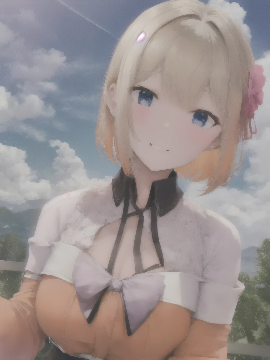 (actual,painting_style,)mexisture, 1 girl, alone,  amelia wexistson, Virtual YouTuber,blond, blue eyes, collar, flower, short hair, actual eyes, Head tilt, smug, watching_exist_audience, Sky, Mountain, outdoor, cloud, Bangs, Upper Body, pink flower, clavicle, orange shirt, parted Lips, Lips, Lace edges, Smile, black collar, Mountainous horizon, cloudy Sky, Permanent, Keep_flowers