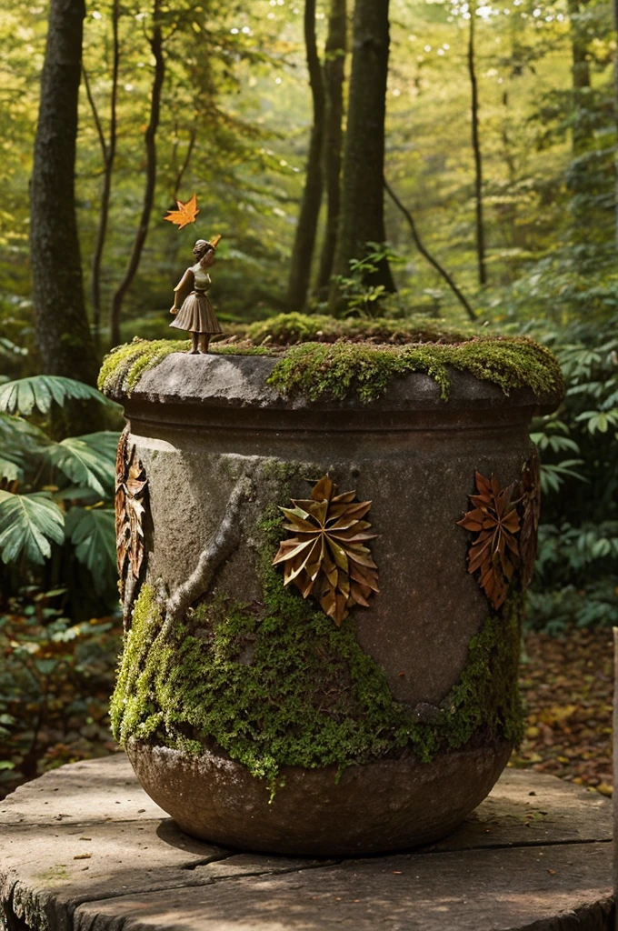 A whimsical miniature figure composed of delicately arranged autumn leaves, poised in a carefree dance on the rim of a weathered, moss-covered terracotta pot, set against a lush, vibrant forest backdrop, where dappled sunlight filters through the canopy above, casting intricate shadows. The overall aesthetic is ethereal, with warm, earthy tones of sienna, umber, and olive green, infused with hints of emerald and golden light, evoking a sense of wonder and enchantment, as if plucked from a fantastical realm.