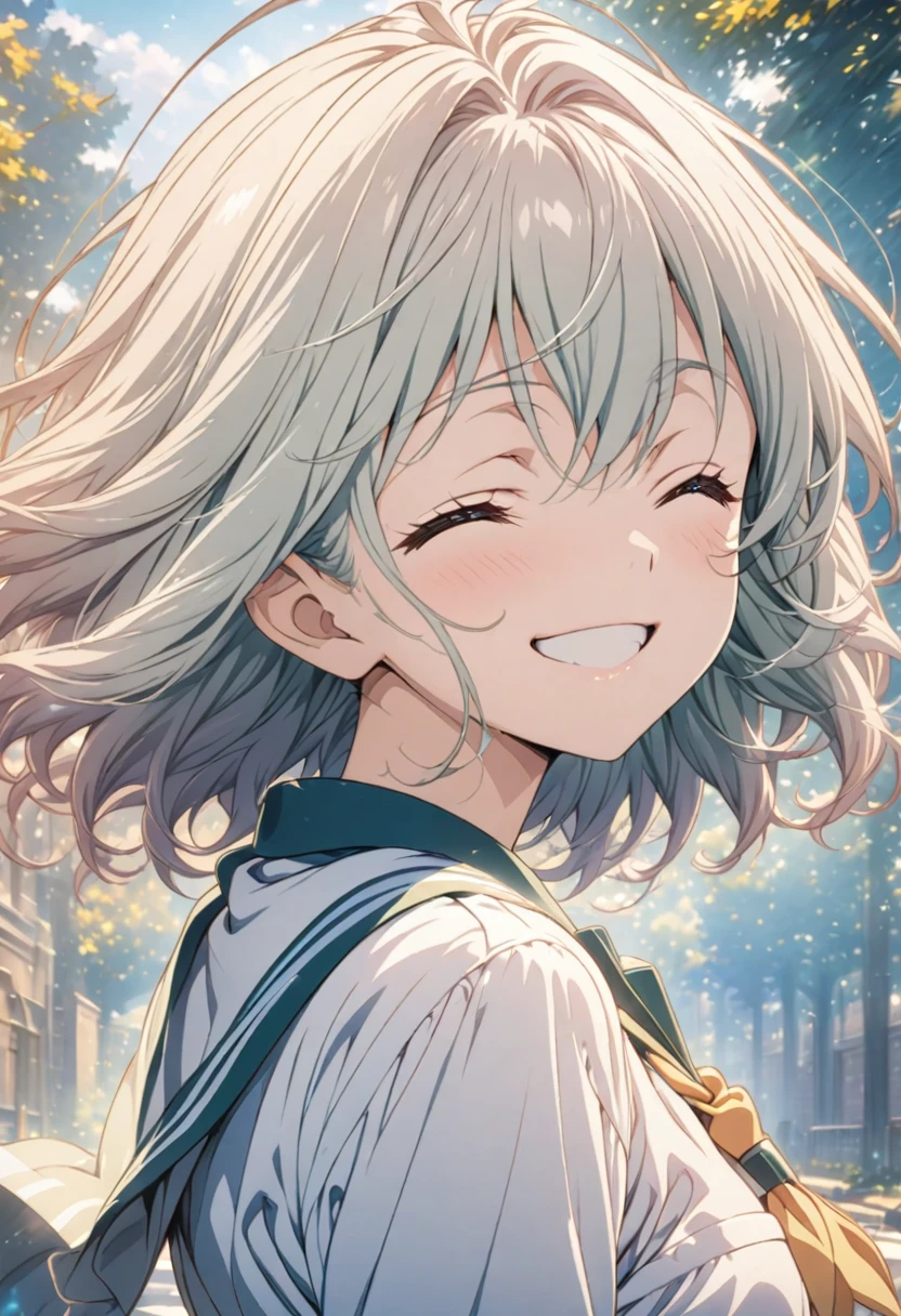 masterpiece, Highest quality, Highly detailed CG Unity 8K wallpapers, High  Girl Anime Illustration. Wearing a uniform、she has her eyes closed and mouth open, smile. The background is a light pastel colored landscape