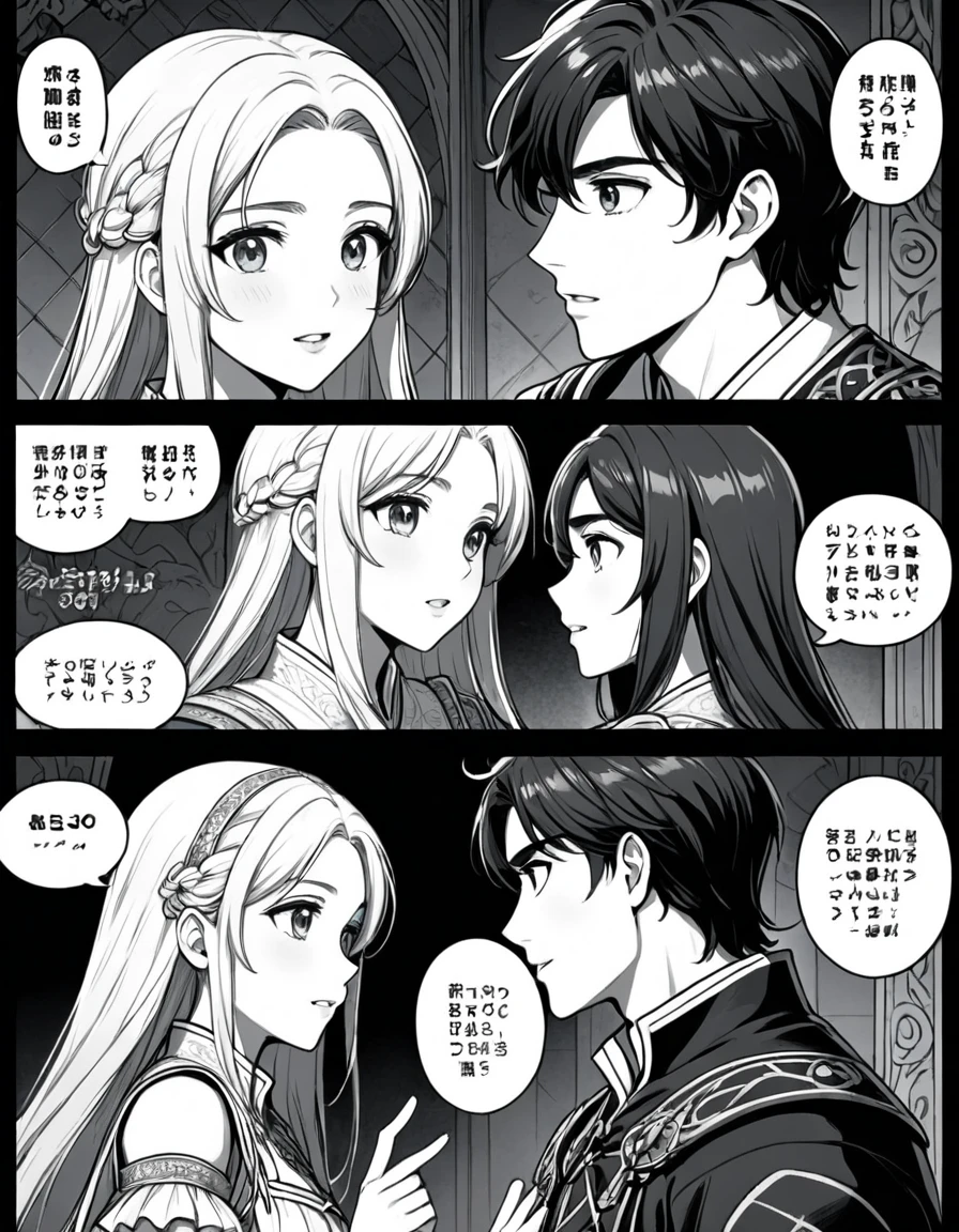 (8k, best quality, master piece: 1.2),super high resolution,ultra-detailed face,deep detailed eyes,A page of a black and white comic book divided into frames、Romeo and Juliet、A princess falls in love with a prince、speech bubble、Beautiful girl cartoon style