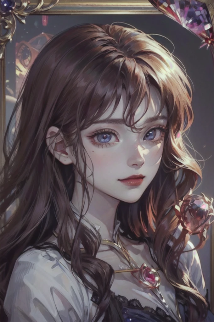 I'd like a headshot portrait of a Noble girl, around 21 years old, with ((rose wavy hair: 1.2)), ((Padparadscha sapphire doe eyes: 1.6)), and ((porcelain skin: 1.0)). , cute and delicate appearance with an elegance on it. The portrait should be in a semi-realistic style, resembling an oil painting. She should have a gentle smile and posting and looking full frontal. The portrait should be framed in an ornate, gold-colored wooden frame with intricate carvings. The frame is rectangular. It should be in a manhwa historical romance fashion.