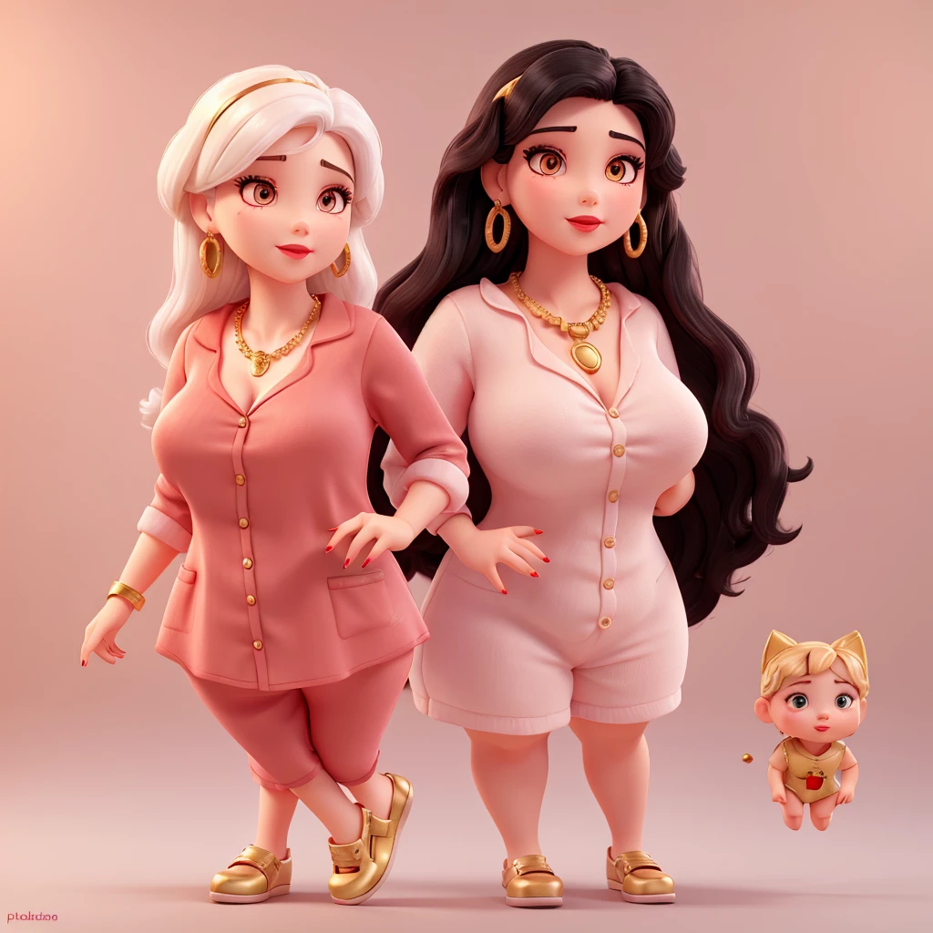 White skin woman, plussize, medium length black hair, eyes browns, Baby pink pajamas, red lipstick makeup, red nails, gold necklace earrings and rings, white shoes, background with nail polish