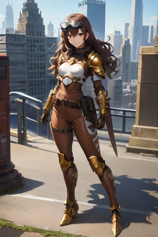 anime - styled woman in a brown suit with a sword and glasses, Extremely detailed artistic germ, krenz cushart y artgerm, chica mechanized valkyrie, Artgerm Style, armor girl, with light leather armor, brown armor, knights of the zodiac girl, Artgerm and Atey Ghailan