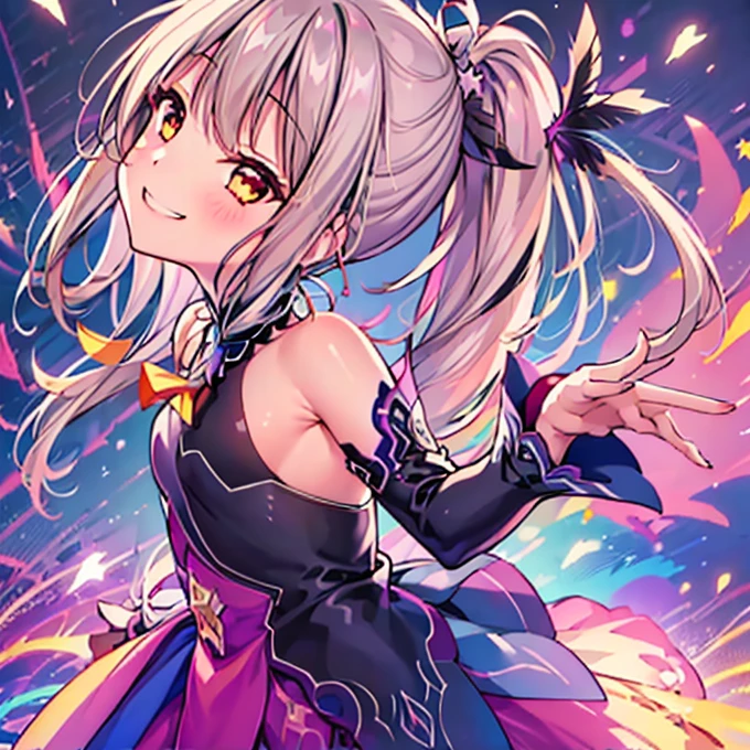 (Highest quality:1.2), 1 girl, Vibrant colors, Dreamy lighting, detailed floral background, Wicked Smile, alone, ponytail, Star Hairpin, Black feather hairpin, nail art
