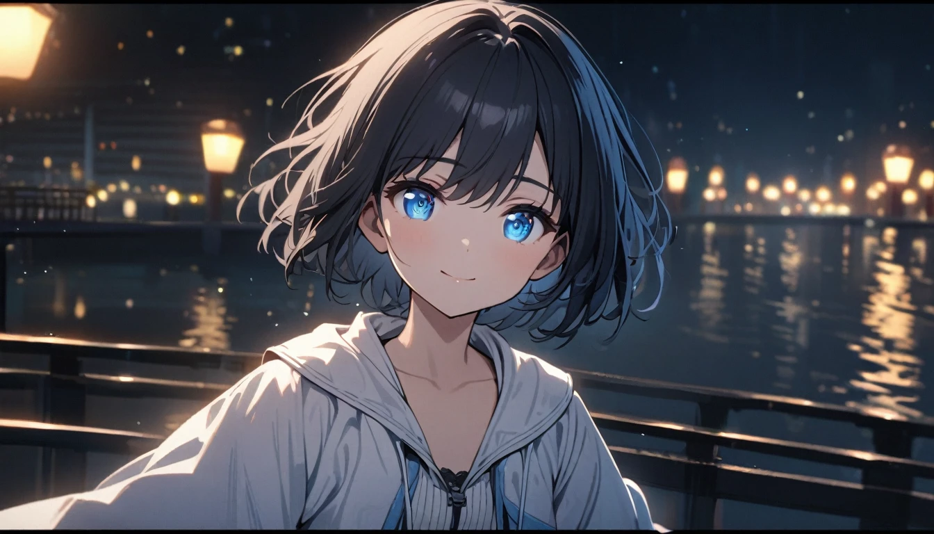 scene of a Beautiful 1girl, solo, gentle smile on her face flat chest, short hair, black hair, blue eyes, (detailed eyes), standing on a bridge at night', wearing a white jacket