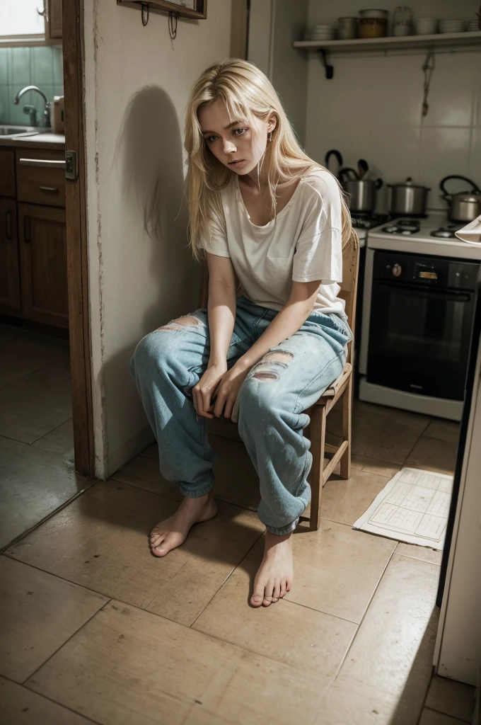 A blonde woman, similar to Elainne Goldives, is sitting on the kitchen floor of her house. SHE'S LEANING AGAINST THE WALL, with your knees bent and your arms wrapped around your legs, hugging them like he's trying to comfort himself. His expression is one of deep sadness, despair and helplessness. Your eyes are red and watery, with tears streaming down her face, and your gaze is empty, fixed to the floor in front of you.
She is dressed in simple, worn-out clothes: a loose t-shirt and sweatpants, both looking faded and a little dirty. Her blonde hair is in a messy, falling haphazardly over your shoulders and face, reflecting your disturbed emotional state and neglect.
Ao redor dela, the kitchen is visibly messy and desolate. The fridge, with the door slightly open, reveals almost empty shelves, with just a few basic items and an almost empty bottle of milk, symbolizing the lack of food at home. The kitchen counter is cluttered, with some dirty dishes piled up and empty food packets scattered around.
In floor, next to her, there are some bills and crumpled papers, indicating the financial struggle she faces. Um prato vazio e um copo de água estão next to her, suggesting she has nothing to eat.
The light that enters the kitchen is weak and diffused, filtered through a window with old, faded curtains. The light creates soft shadows that heighten the sense of melancholy and despair in the scene..
The kitchen itself is modest, with old and worn furniture, giving a feeling of abandonment and despair. In a corner, there is an empty chair, symbolizing the woman's loneliness.
The scene conveys a strong feeling of helplessness, loneliness and struggle, capturing the painful moment of someone facing financial hardship and lack of food, with a careless appearance and a sad, empty look.