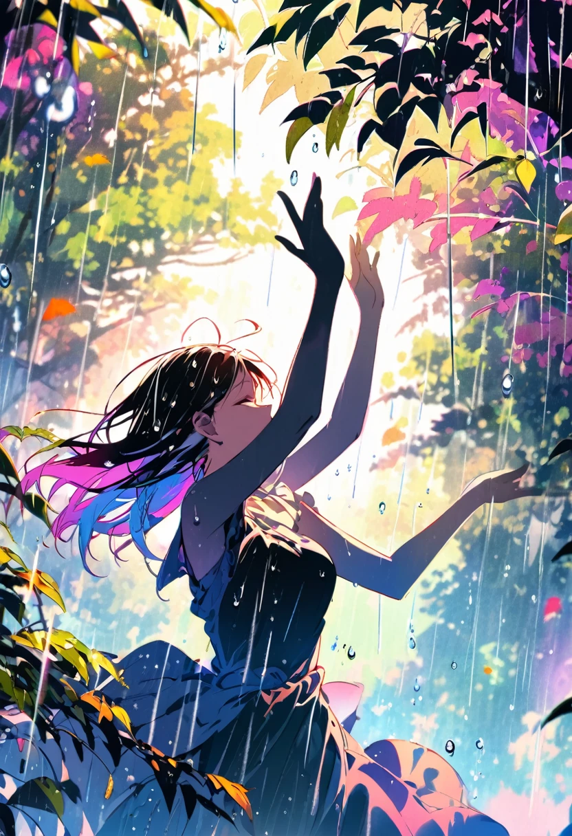 Colorful silhouettes float among the trees, and rain drops fall on the leaves. Dancing with light and Dark