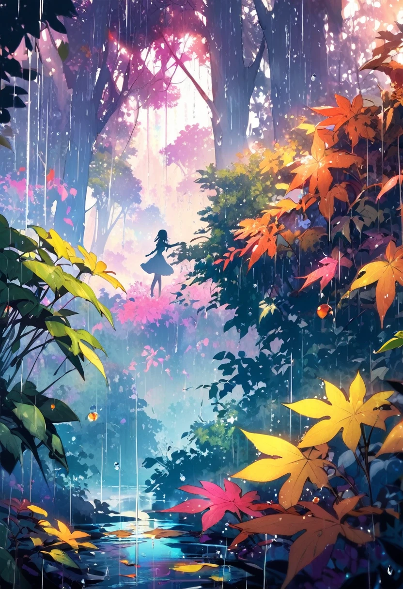 Colorful silhouettes float among the trees, and rain drops fall on the leaves. Dancing with light and Dark
