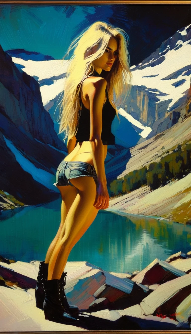 Blonde girl with long hair, sexy, small breasts, rocker look, radical girl, gets naked in a beautiful lake between mountains, ,fucking whit a man, penetration, full of sweat and semen, positions putting her ass on, chiaroscuro, sensual, mountain landscape (art inspired by Bill Sienkiewicz). oil painting)
