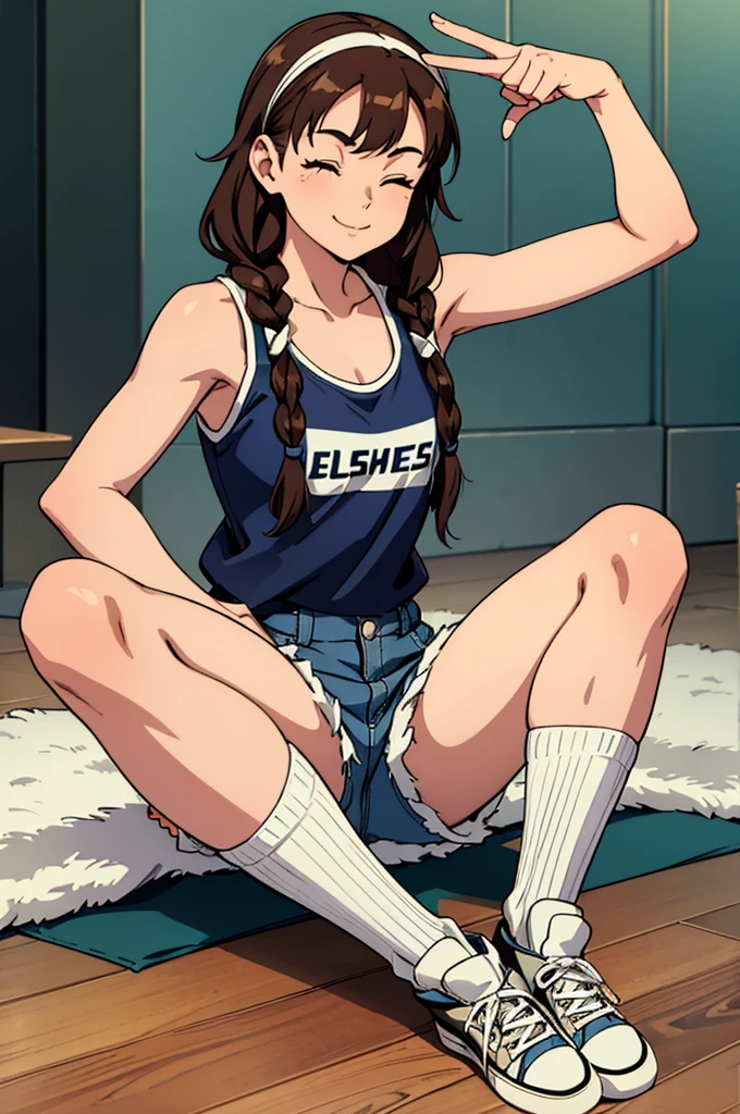 Girl, two braids, long double braids, split bangs, ski goggles on head, white tank top, short shorts, knee high socks, converse shoes, smiling, brunette, straight on picture, chin up, eyes closed, sitting on the floor, flicking off the camera, two hands up, happy, sitting on the floor, high detail, high quality 