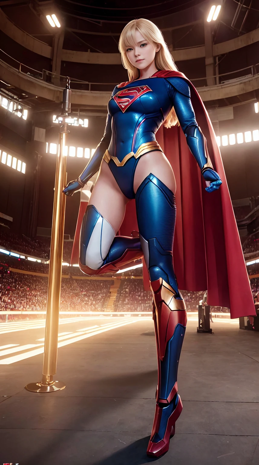 ((Full body photo, standing, feet on the ground)) bat Woman, minchen miling, aburdes, (mouth: 1.16) closed, balanced blue eyes, (best quality details: 1.2), realistic, 8K high definition, ultra detailed, high quality texture, intricate details, detailed texture, finely detailed, high detail, extremely detailed cg high quality texture, high quality shadows, ((masterpiece, best quality)), illustrations, 8K ultra-detailed, realistic, clear focus, highly detailed, professional lighting, colorful details, iridescent colors BREAK factory super long lens, large mechanical robot structure, microchips, computers, luminescence, intricate details, Shitu-Mecha, 1 supergirl girl standing in front of the audience, navel, blonde, with superman letter S.