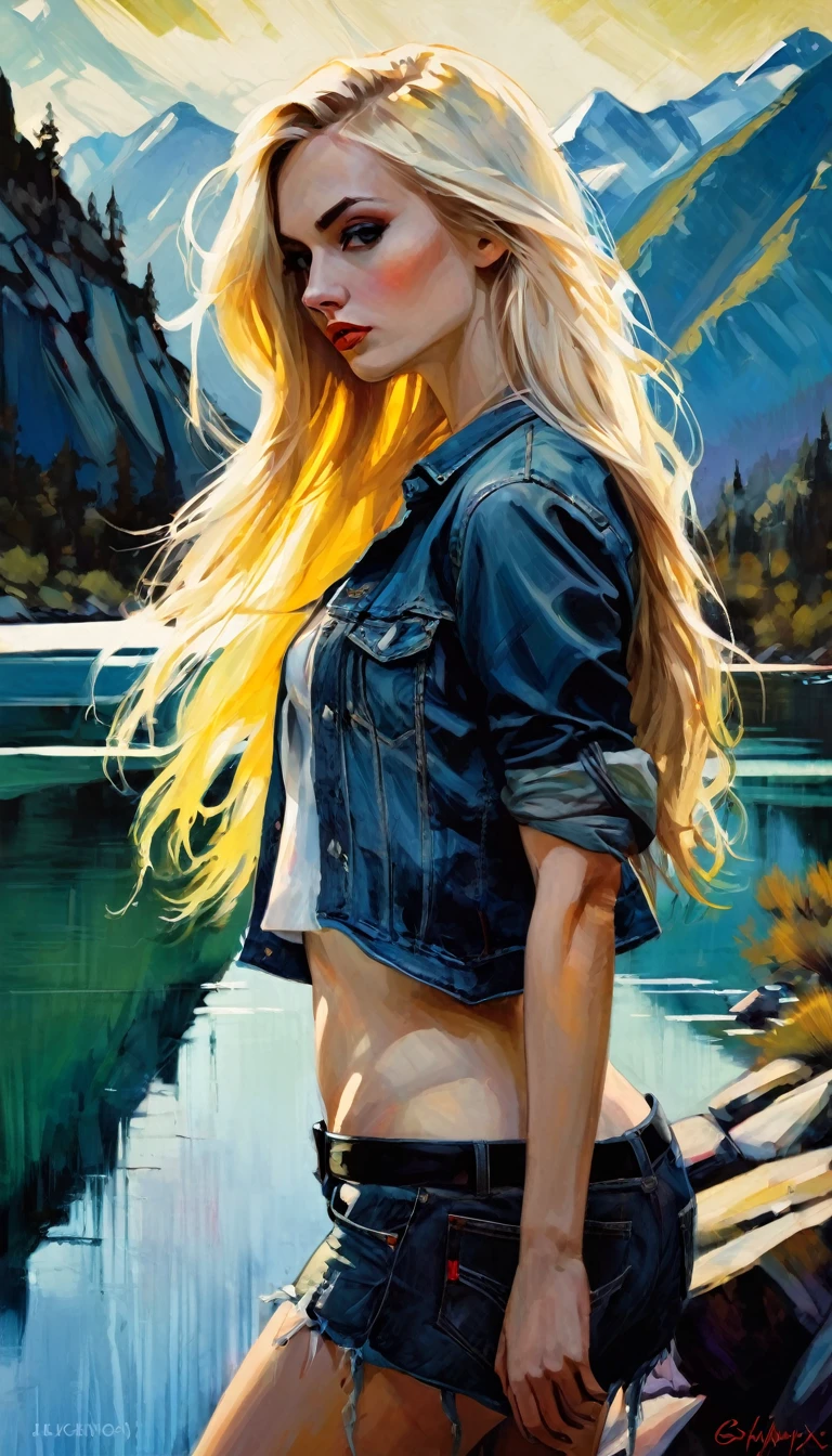 Blonde girl with long hair, sexy, small breasts, rocker look, radical girl, she is undressing next to a beautiful lake between mountains, chiaroscuro, sensual, mountain landscape, (art inspired by Bill Sienkiewicz). oil painting)