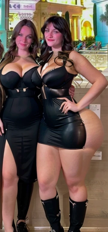 two women posing for a picture in a mall, Big tits, huge , no clothes, sexy, cute, wide hips, thick thighs, pear-shaped body, minimal clothes, thick, thick nipples, nipple piercings, large areola, hard nipples, piercing through shirt, nipples hard through shirt, busty, major cleavage, naked, ripping through top, spilling over sides, bra too tight, giant , dominatrix, dominatrix clothes, revealing clothes, ass so fat you can see it from the front, giant tits, huge ass from side, multiple girls, wide girls, 2 girls with huge tits naked, naked two girls