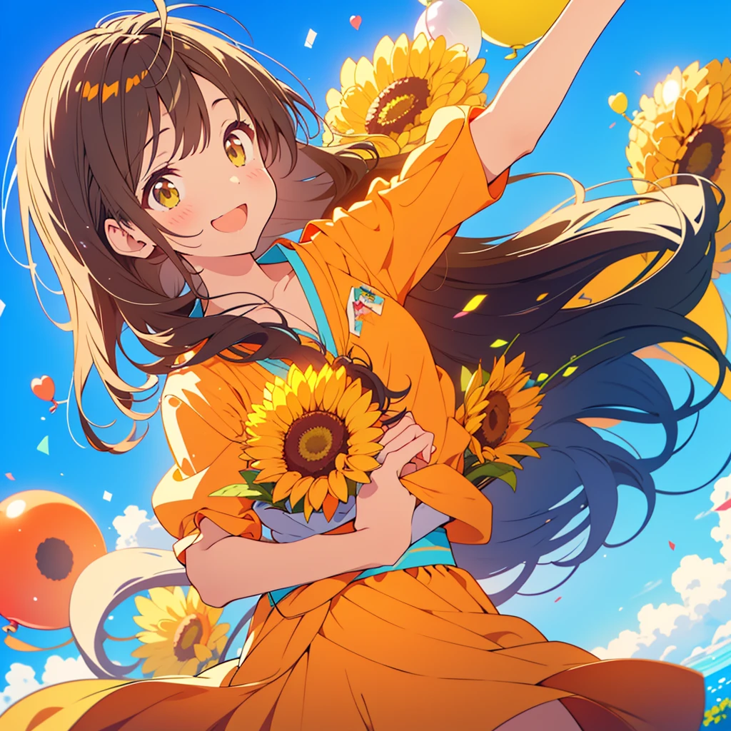 kawaii, anime, Cute, hyper quality, highly detailed, 8k, Clarity, dark brown long hair, smile, green eyes, chrysanthemum, orange chrysanthemum flower field, chrysanthemum flower field, sit on a flowering hill, colorful balloons, balloons are flying in the sky, flower garden, morning dew, Shining light, particles of light, dazzling smile, Draw facial expressions in detail, Draw the eyes in detail, private clothes, A breeze flows, celebration, A large number of balloons fly into the sky, look up at the sky, A dynamic posture, balloon, clear blue sky, the bird flaps its wings, happy birthday, blue sky, clear sky, rainbow colored balloons, colorful balloons, release a large number of balloons into the sky, upper body, hold one's hand in the sky,