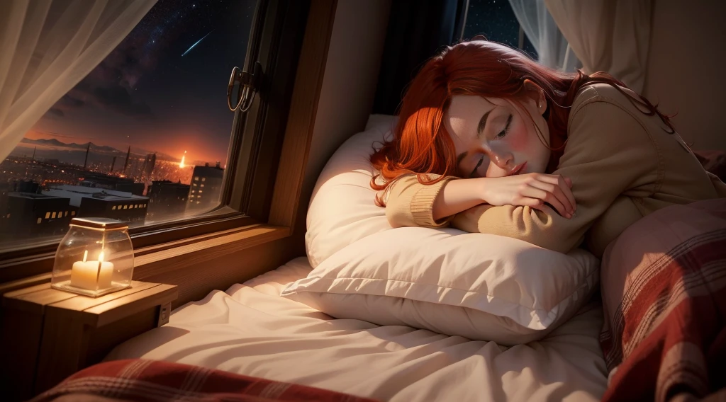 Girl with red hair sleeping on bed, The girl is asleep, covered eyes, The Sleeping Man, Bed by the window, The space outside the window, the night