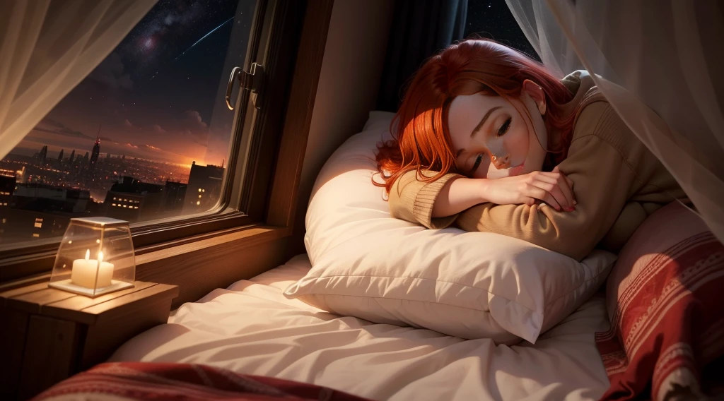 Girl with red hair sleeping on bed, The girl is asleep, covered eyes, The Sleeping Man, Bed by the window, The space outside the window, the night