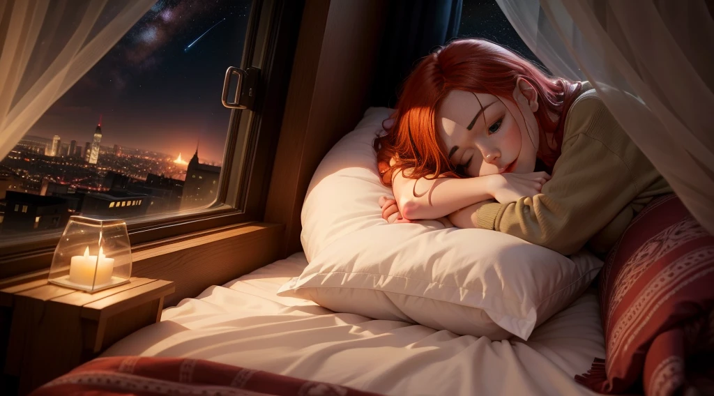 Girl with red hair sleeping on bed, The girl is asleep, covered eyes, The Sleeping Man, Bed by the window, The space outside the window, the night