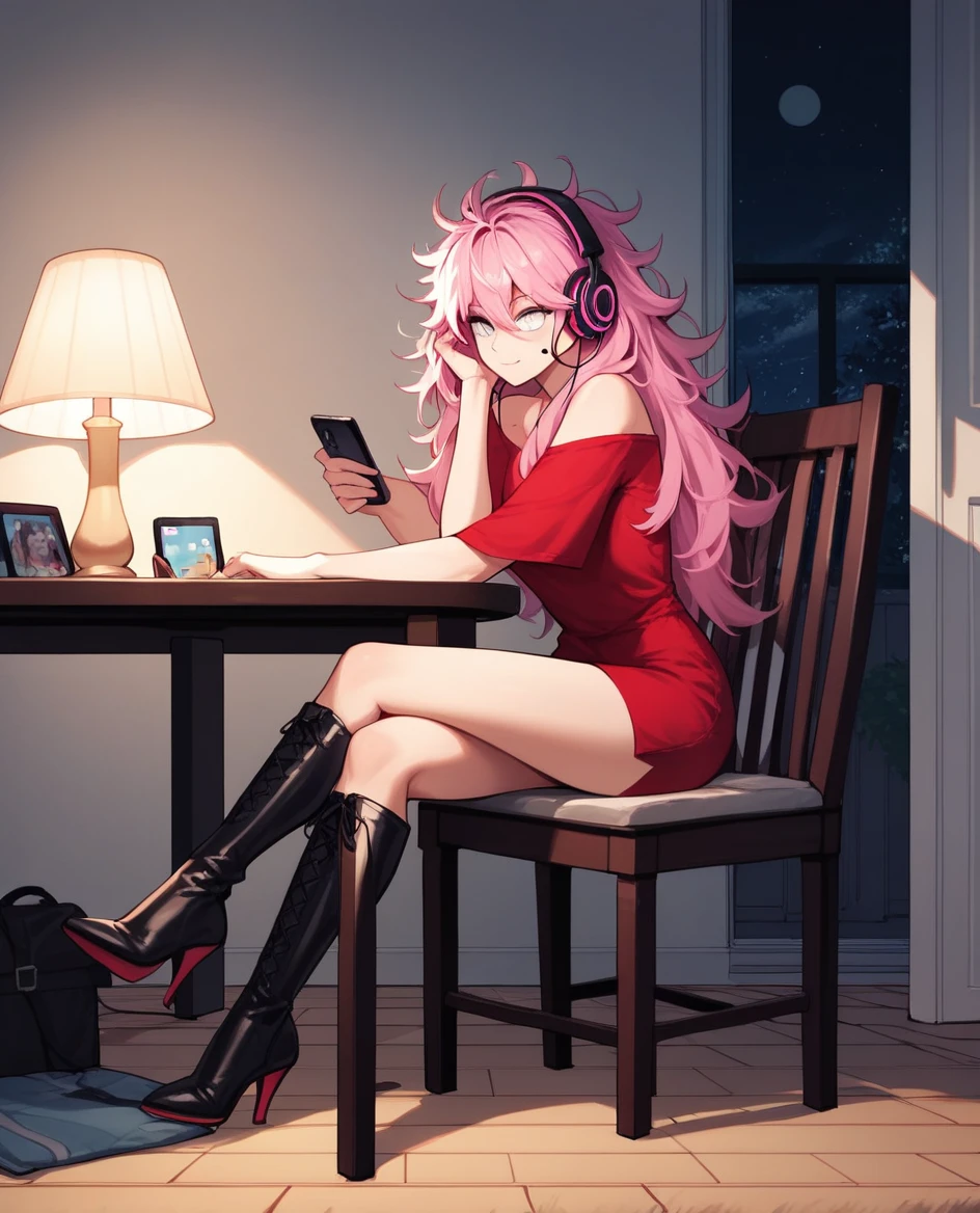 score_9, score_8_up, score_7_up, score_6_up, score_5_up, score_4_up, source_anime, 1woman, sit, chair, table, pink hair, headphones, smartphone, listening music, watching smartphone, long hair, white eyes, messy hair, red dress, crossed legs, black knee-high boots, heels, living room, night, lamps, best quality, best res, 4K UHD,
 