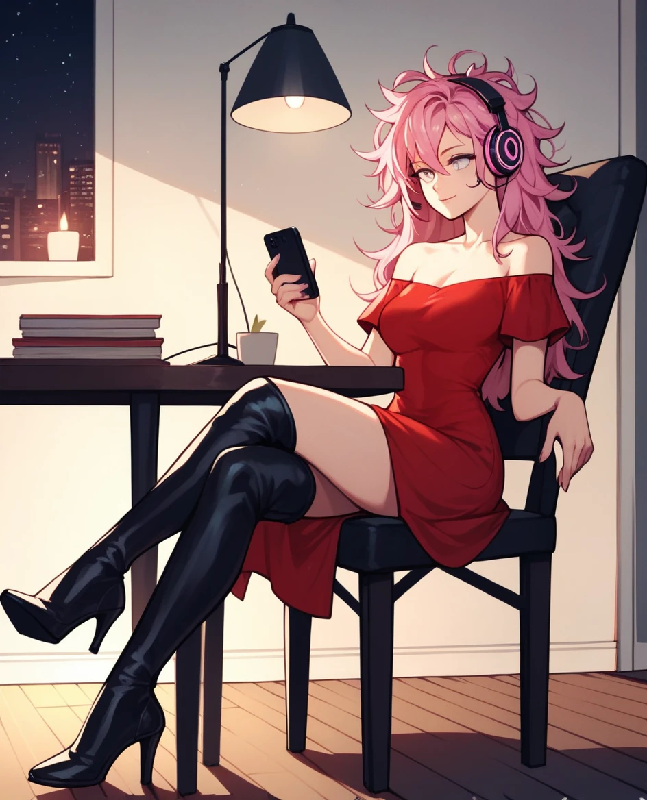 score_9, score_8_up, score_7_up, score_6_up, score_5_up, score_4_up, source_anime, 1woman, sit, chair, table, pink hair, headphones, smartphone, listening music, watching smartphone, long hair, white eyes, messy hair, red dress, crossed legs, black knee-high boots, heels, living room, night, lamps, best quality, best res, 4K UHD,