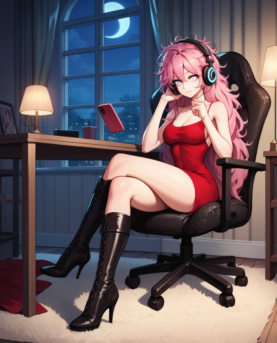 score_9, score_8_up, score_7_up, score_6_up, score_5_up, score_4_up, source_anime, 1woman, sit, chair, table, pink hair, headphones, smartphone, listening music, watching smartphone, long hair, white eyes, messy hair, red dress, crossed legs, black knee-high boots, heels, living room, night, lamps, best quality, best res, 4K UHD,
 