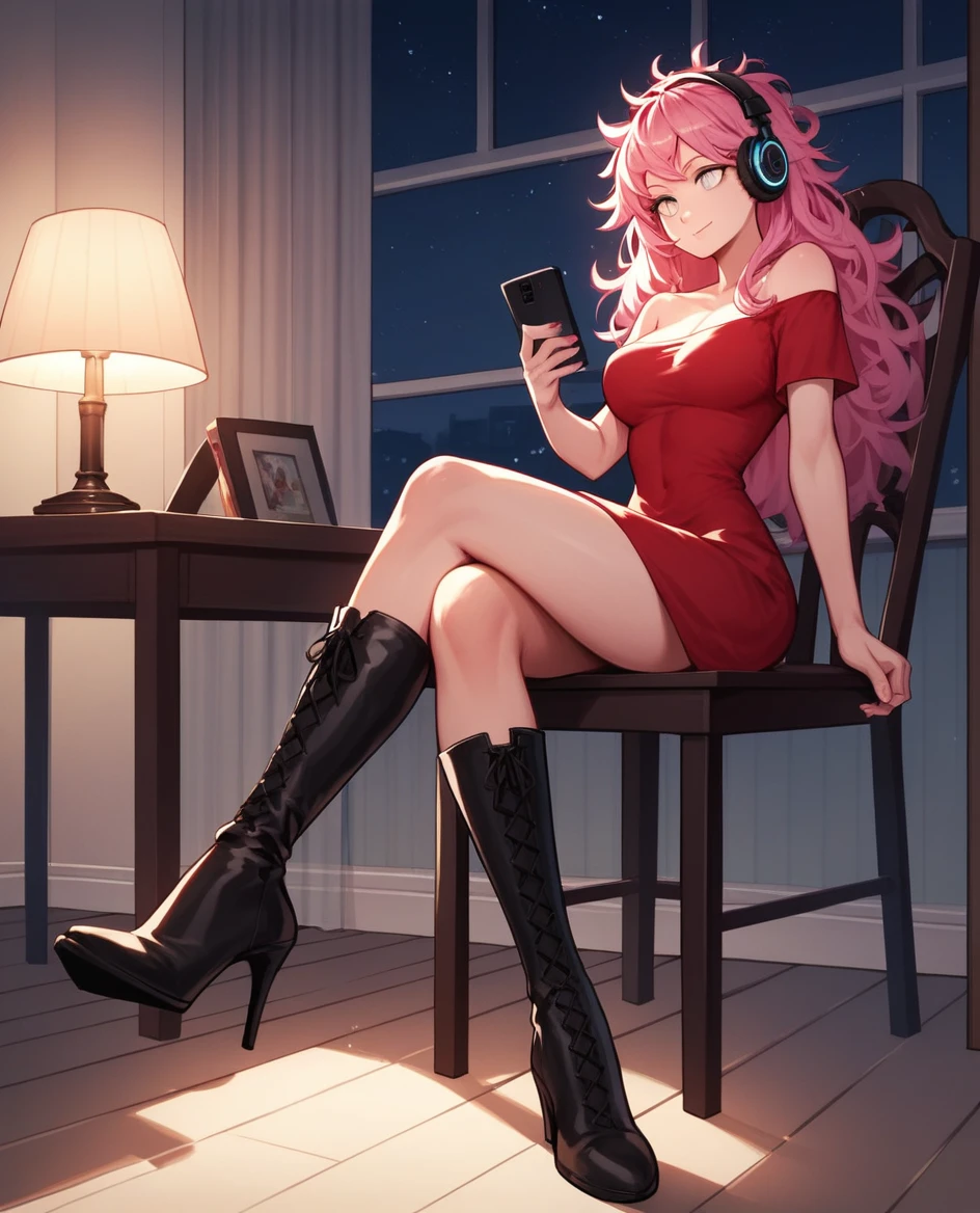 score_9, score_8_up, score_7_up, score_6_up, score_5_up, score_4_up, source_anime, 1girl, sit, sofa, headphones, pink hair, long hair, big breasts, green eyes, smile, messy hair, listening music, watching girl, wardrobe, crossed legs, white shirt, skirt, thigh high boots, red boots, night, room, TV, best quality, best res, 4K UHD,