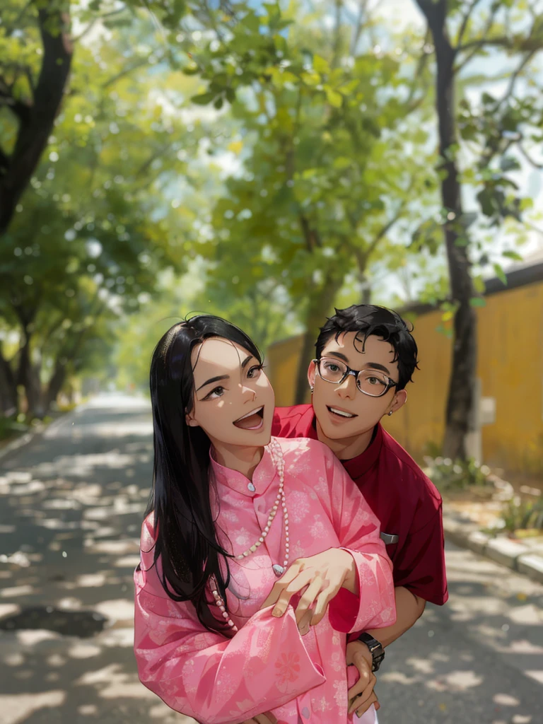 tmasterpiece,best qualityer,1 male,AS-Adult,handsome,with short black hair,The shirt,wears glasses,a 1 woman,AS-Adult,big breasts beautiful,Black shoulder-length hair,Pearl earrings,Hold a toddler,complexdetails