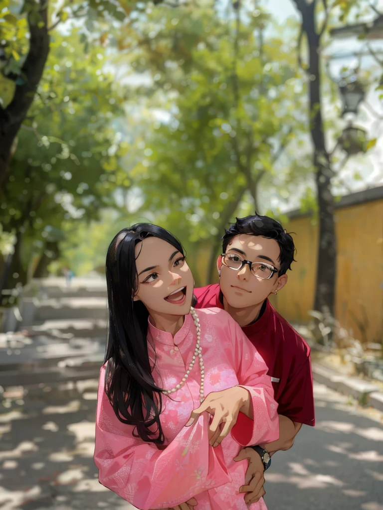 tmasterpiece,best qualityer,1 male,AS-Adult,handsome,with short black hair,The shirt,wears glasses,a 1 woman,AS-Adult,big breasts beautiful,Black shoulder-length hair,Pearl earrings,Hold a toddler,complexdetails