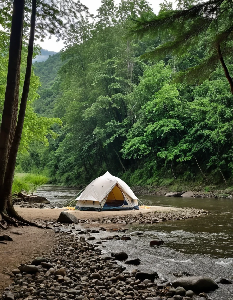 there is a tent pitched up on a rock in the middle of a river, setting in nature, forest and river, peaceful environment, river in a forest, in serene forest setting, with trees and rivers, serene forest setting, relaxing environment, serene environment, at a campfire in the forest, amidst of nature fully covered, camping, beautiful environment, peaceful and quiet
