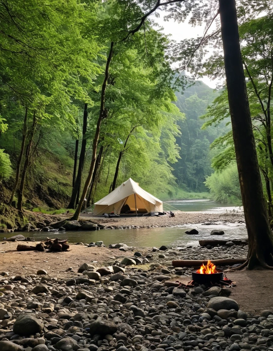 there is a tent pitched up on a rock in the middle of a river, setting in nature, forest and river, peaceful environment, river in a forest, in serene forest setting, with trees and rivers, serene forest setting, relaxing environment, serene environment, at a campfire in the forest, amidst of nature fully covered, camping, beautiful environment, peaceful and quiet