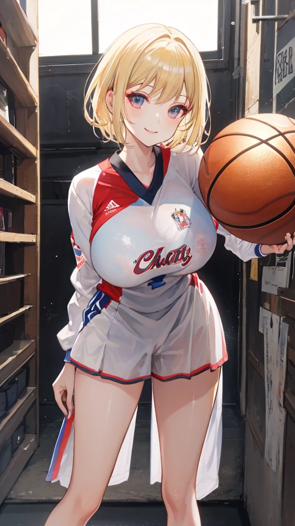 Nsfw,(highest quality,8K,32k,masterpiece),(High resolution),Super detailed,very beautiful face and eyes,1 girl,(close,highest quality,high detail,Rich skin details),(highest quality,8K,oil paint:1.2),Super detailed,tareme,
Blond hair,short hair,Lovely white clothes,Complements a variety of shades of black,There is a delicate makeup,shining face,Exquisite,Brilliantred eyes,Feel like a sweet girl,gigantic breast,nipples,pussy,(basketball uniform),gymnasium,(smile:1.5),(standing naked men,penis,handjob:1.3)
