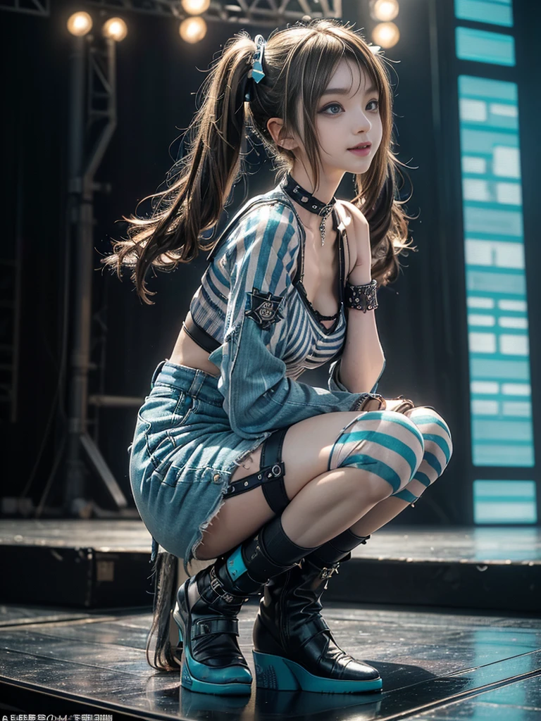 (Full body image:1.2)、(Side view:1.1)、(Smiling with teeth showing:1.3),(Shibuya Gal:1.5)、(Fashion in the style of Gothic ta:1.5)、(Punk rock visual kei:1.5)、(Wearing a rhythmic gymnastics bodysuit with intricate details:1.4)、(Complex white racing suit and pants, Denim and turquoise decor:1.5)、(Denim with turquoise and white boots:1.3)、((belt))、(A number of subtle logos are featured throughout the costume々:1.4)、(collar:1.3)、(Striped underwear:1.5)、20-year-old、Browsing Caution、((Highest quality、In 8K、masterpiece:1.3))、Sharp focus:1.2、(Layered Cut、Huge boobs:1.1),Beautiful woman with perfect figure:1.4、(Sexy gravure squatting pose:1.3)、Slim Abs:1.2、Highly detailed face and skin texture、Detailed eyes、double eyelid,(Twin tails:1.3)、(Brownish golden hair:1.3)、Idol Sculpture、(The background is the stage for a fashion show:1.3)、(The body is slim:1.3),(Slimming your legs:1.4),(clavicle:1.1)、(Thin thighs:1.2)