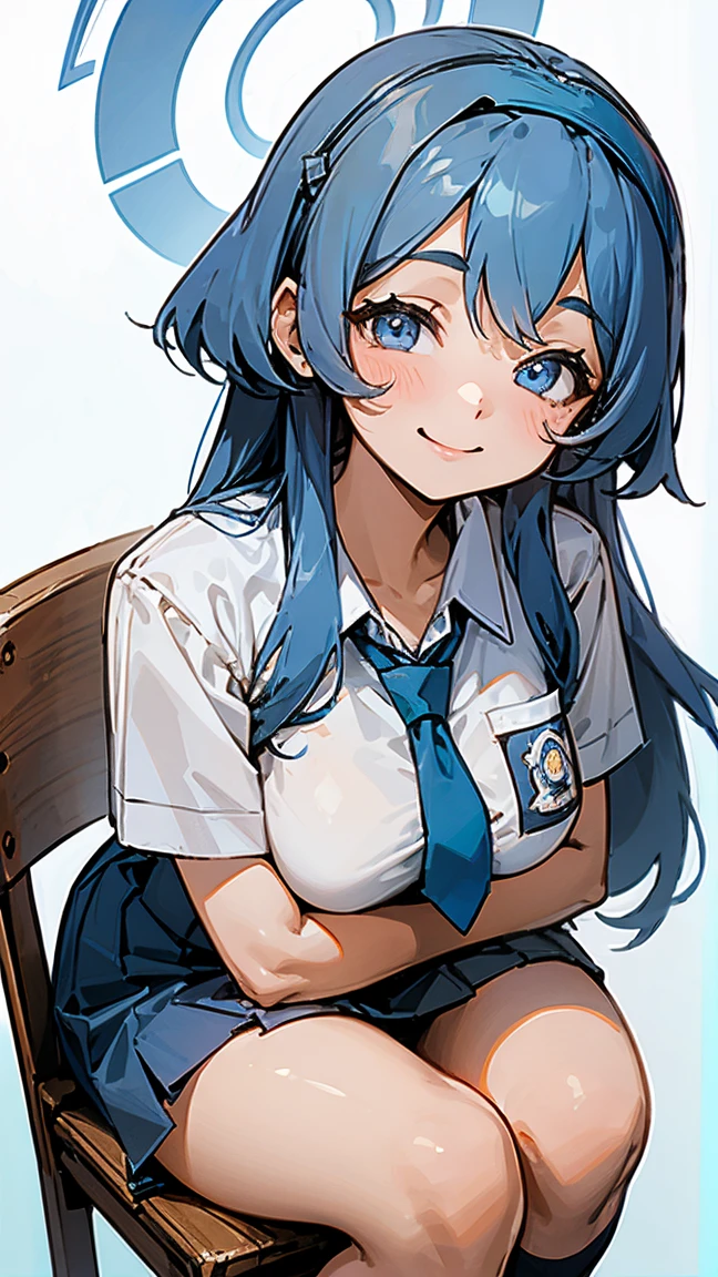 1 woman, ************, (long hair, hairband, blue hair), scared face expression, plump body, blue eyes, Indonesian high-school uniform, (smile:1.4), osis logo on shirt pocket, huge XL breasts, light-grey pleated skirt, sitting on a chair, seductive pose, full body shot, smiling, in the classroom, smile. ako_bluearchive,