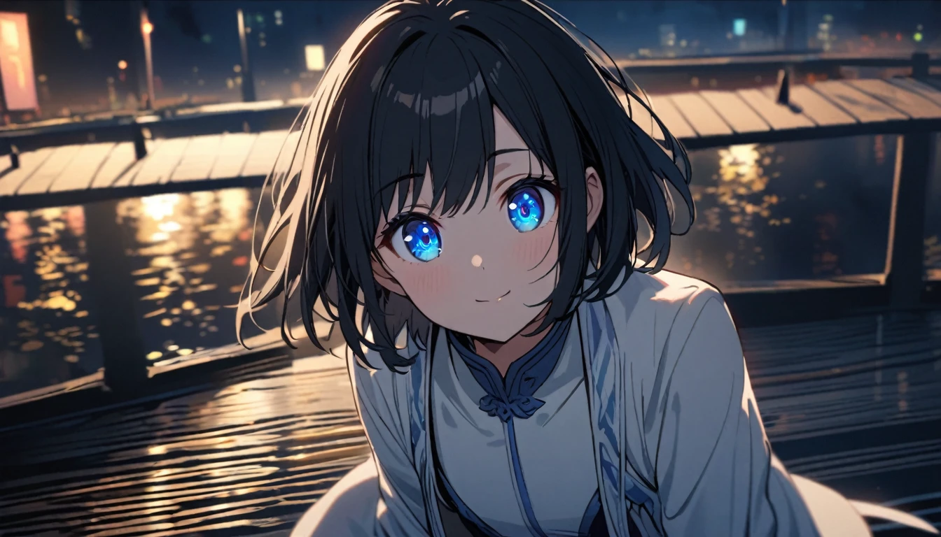 scene of a Beautiful 1girl, solo, gentle smile on her face flat chest, short hair, black hair, blue eyes, (detailed eyes), standing on a bridge at night', wearing a white jacket