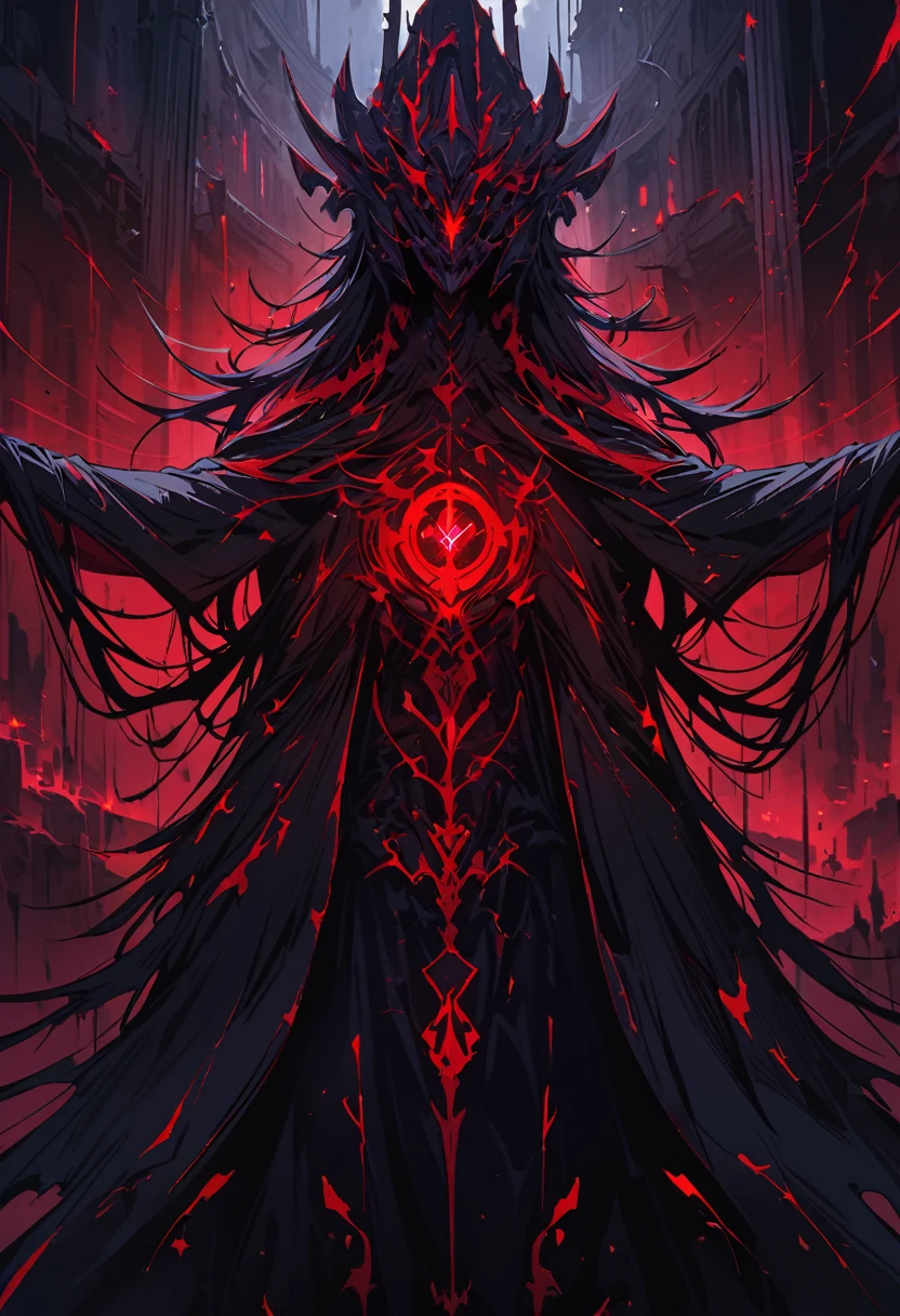 Dark and mysterious,night,Blood Rain,Gothic anime wizard, Mysterious man,Let me show you the God of Slaughter!An extraordinary Gothic Artistic masterpiece,heavily clouded,unforgettably beautiful,Ethereal moonshine,Eerie Shadows,Strong contrast,Creepy,Artistic masterpiece,Detailed texture,dark palette,Disturbing atmosphere,Impressive artistry,Fine details,Gothic architecture,Dramatic Lighting,Os tons vibrantes de vermelho,an ominous,Strange symbols,Surreal elements