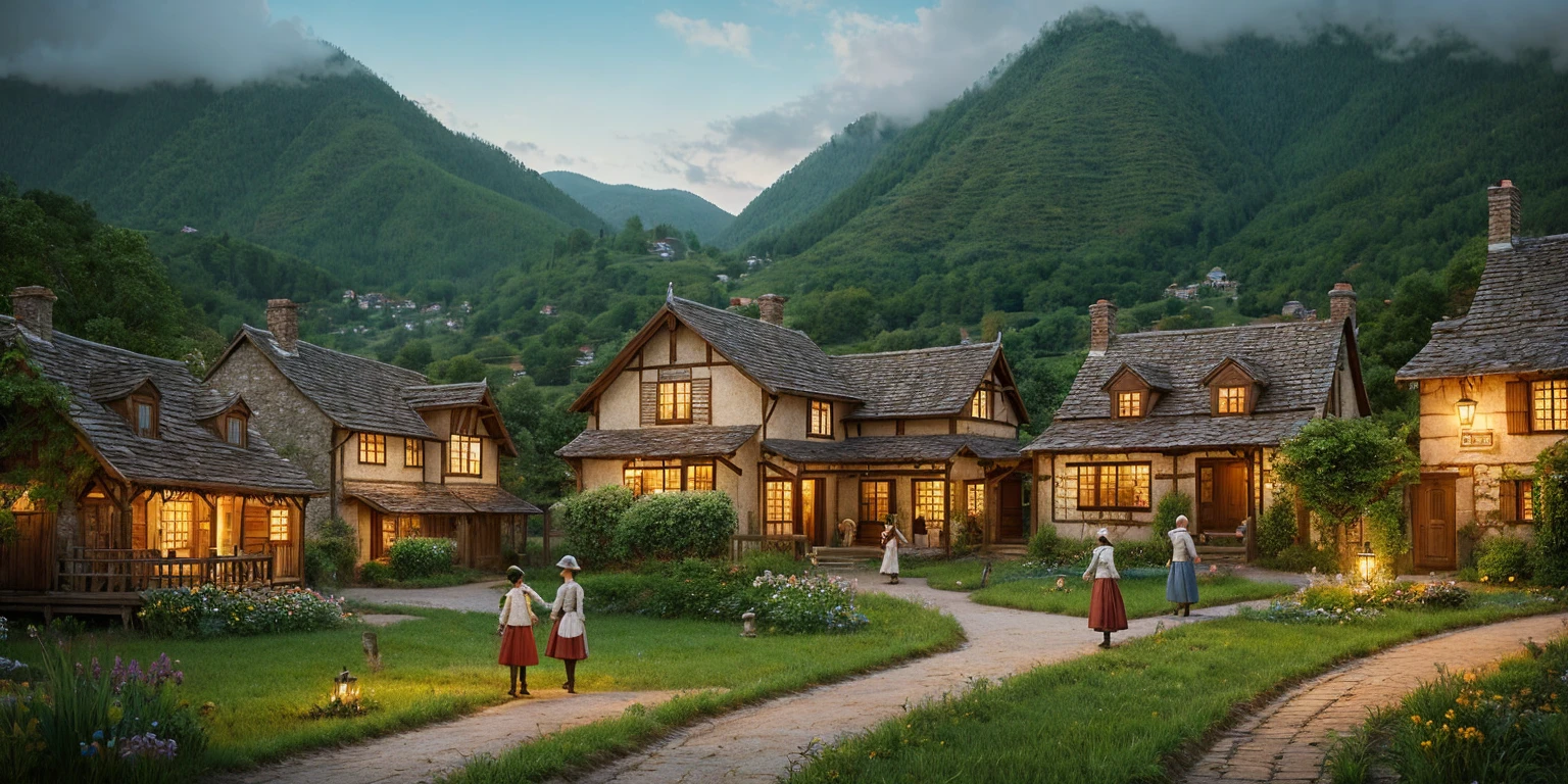 An old village setting from the 19th century with a soft, nostalgic ambiance, showing simple houses and people in traditional attire