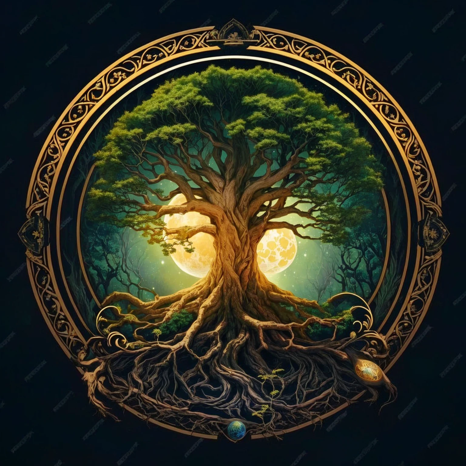 a tree with roots and a moon in the background, Yggdrasil, tree of Life, the tree of Life, tree of Life seed of doubt, Fantasy Tree, golden sacred tree, cosmic tree of Life, the world tree, tree of Life inside the ball, world tree, magic tree, ancient tree, rooted lineage, magic tree