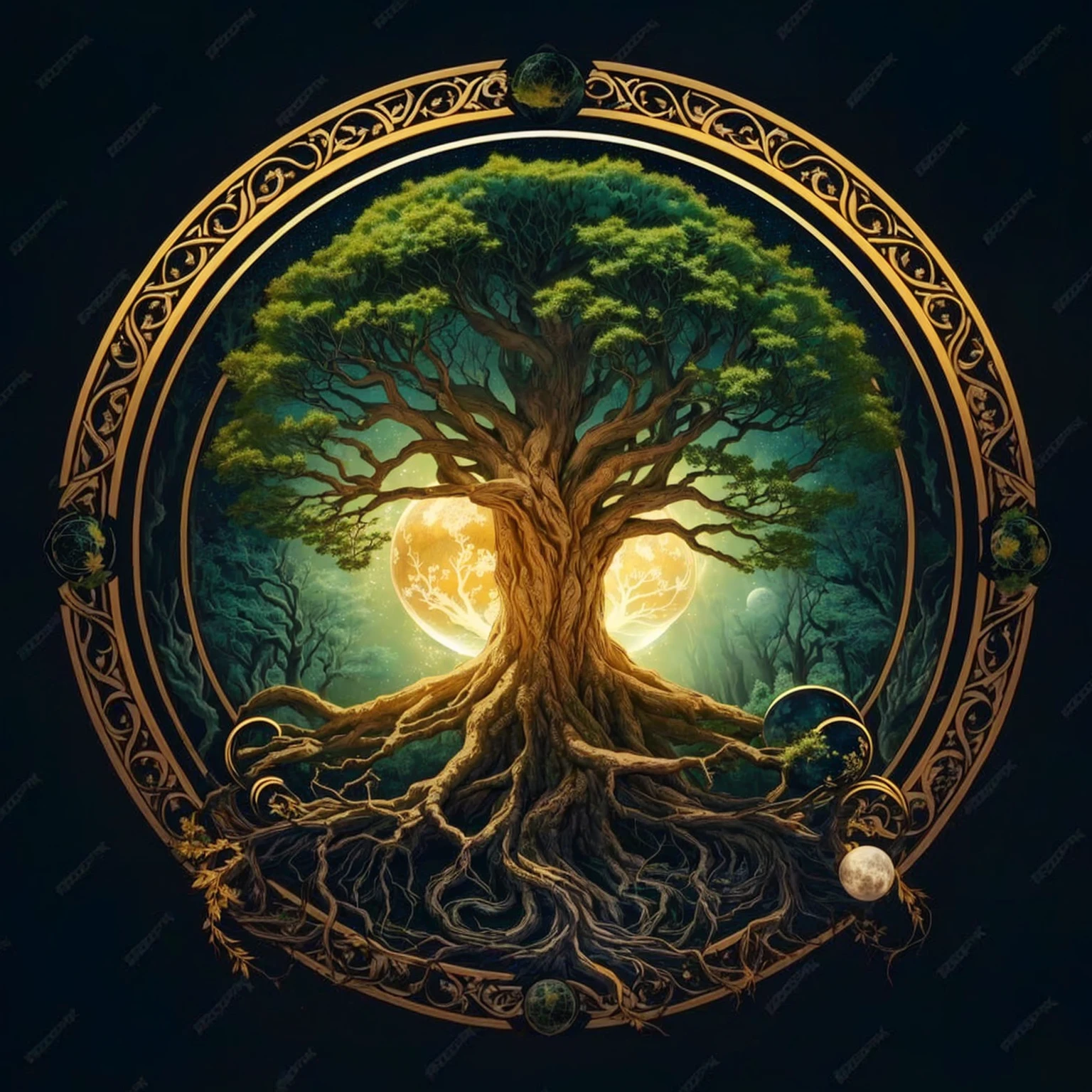a tree with roots and a moon in the background, Yggdrasil, tree of Life, the tree of Life, tree of Life seed of doubt, Fantasy Tree, golden sacred tree, cosmic tree of Life, the world tree, tree of Life inside the ball, world tree, magic tree, ancient tree, rooted lineage, magic tree