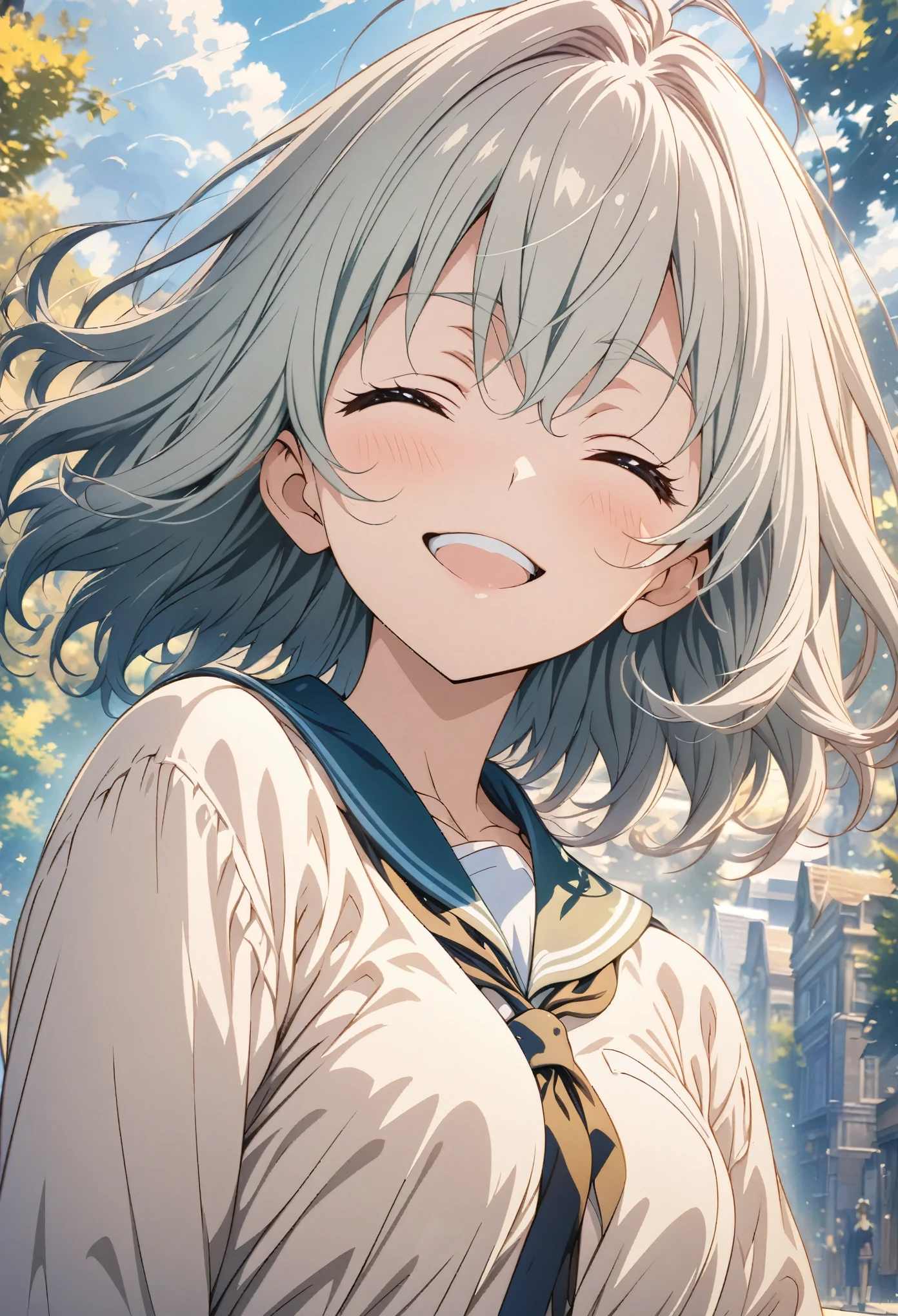 masterpiece, Highest quality, Highly detailed CG Unity 8K wallpapers, High School Girl Anime Illustration. Wearing a uniform、she has her eyes closed and mouth open, smile. The background is a light pastel colored landscape