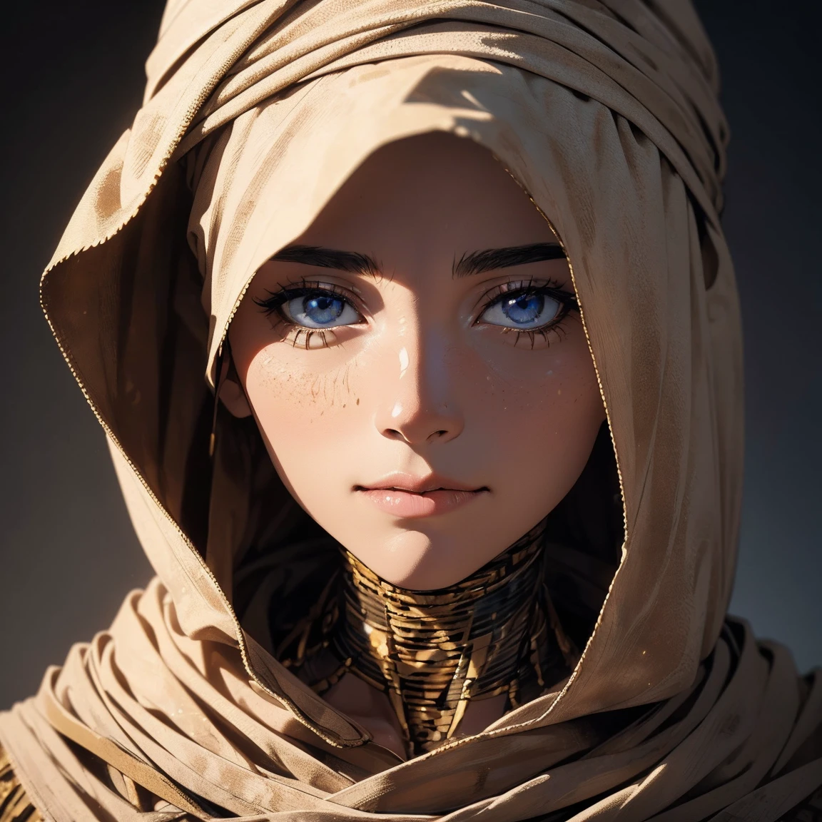 "(Best Quality,High resolution),closeup of a mummy&#39;s face,covered in bandages with golden hieroglyphs,(detailed:1.1),(bright and intense colors:1.1),(realist:1.1) graphic art style,Frightening,eye sockets with shiny golden eyes,detailed wrinkles, Dark circles under the eyes."