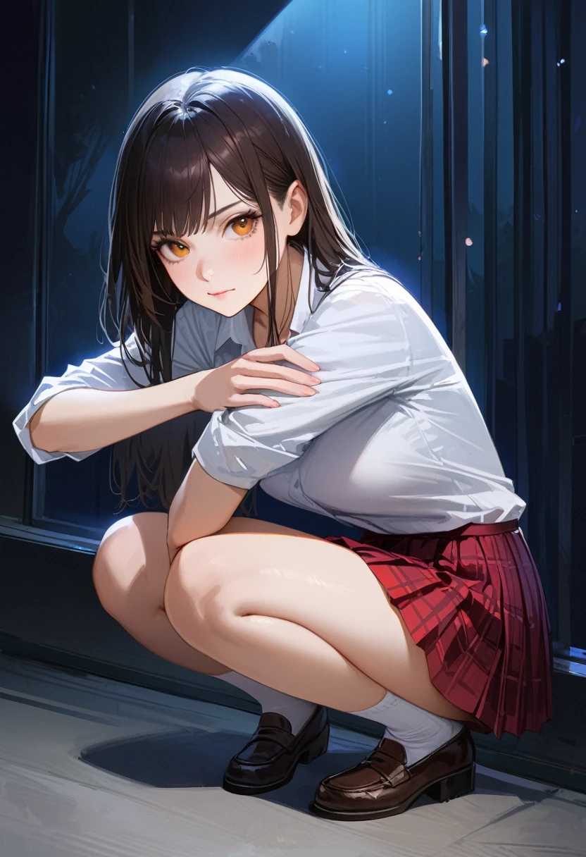 (((night,真night中))),((Dark atmosphere)),(whole body)，((Perfect Anatomy:1.2,Realistic:1.3,RAW Photos:1.3,masterpiece、Highest quality、Ultra - High resolution、High resolution、Highly detailed CG,attractive way to sit,Crouching pose,1 female,alone,18-year-old、High school girl beautiful girl,Beautiful and graceful face and eyes,Big beautiful eyes,The body is slim,Small Head:,skinny,(school uniform、Blazer jacket、((White shirt))、Checkered pleated mini skirt))),(loafers)，Leg spread,Satin Bra、satin panties