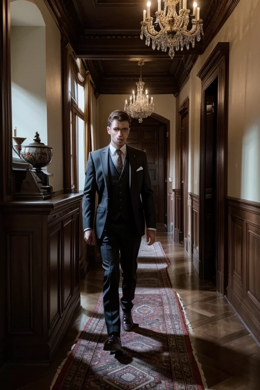 Scenario:
Location: Interior of an old mansion, with a hall and a luxurious bedroom.
Lighting: Dappled Light, creating a tense and mysterious environment.
TIME OF DAY: natta.
atmosphere: tense, with a sense of urgency.
character in the foreground:
Appearance: Man wearing a dark suit, with an expression of nervous determination.
motion: Walking purposefully through the hall, climbing the main staircase, and then opening a door at the end of the corridor.
Actions:
Walks through the hall with determined steps, but demonstrating a contained tension.
Climb the main staircase, your footsteps echoing in the empty mansion.
Enter a luxuriously decorated room, covered in dust.
Walk directly to an imposing fireplace and begin examining the bricks.
character:
Appearance: shadowy figure, that moves stealthily through the corridor.
motion: Approaching carefully, with subtle steps that make the floors creak.
Som: Subtle footsteps and the creaking of the floor.
Important Objects and Details:
fireplace: Imposing and covered in dust, with bricks that hide a cavity.
Hidden Compartment: Behind a loose brick, containing an antique envelope sealed with red wax and a silver medallion.
Envelope and Medallion: The man carefully takes the envelope, realizing the importance of the answers it can contain.
Som e atmosphere:
sound of footsteps: Echoing through the halls, increasing tension.
Squeaking Floors: Creating a sense of urgency and imminent danger.
heartbeat: Accelerated, representing man's nervousness.