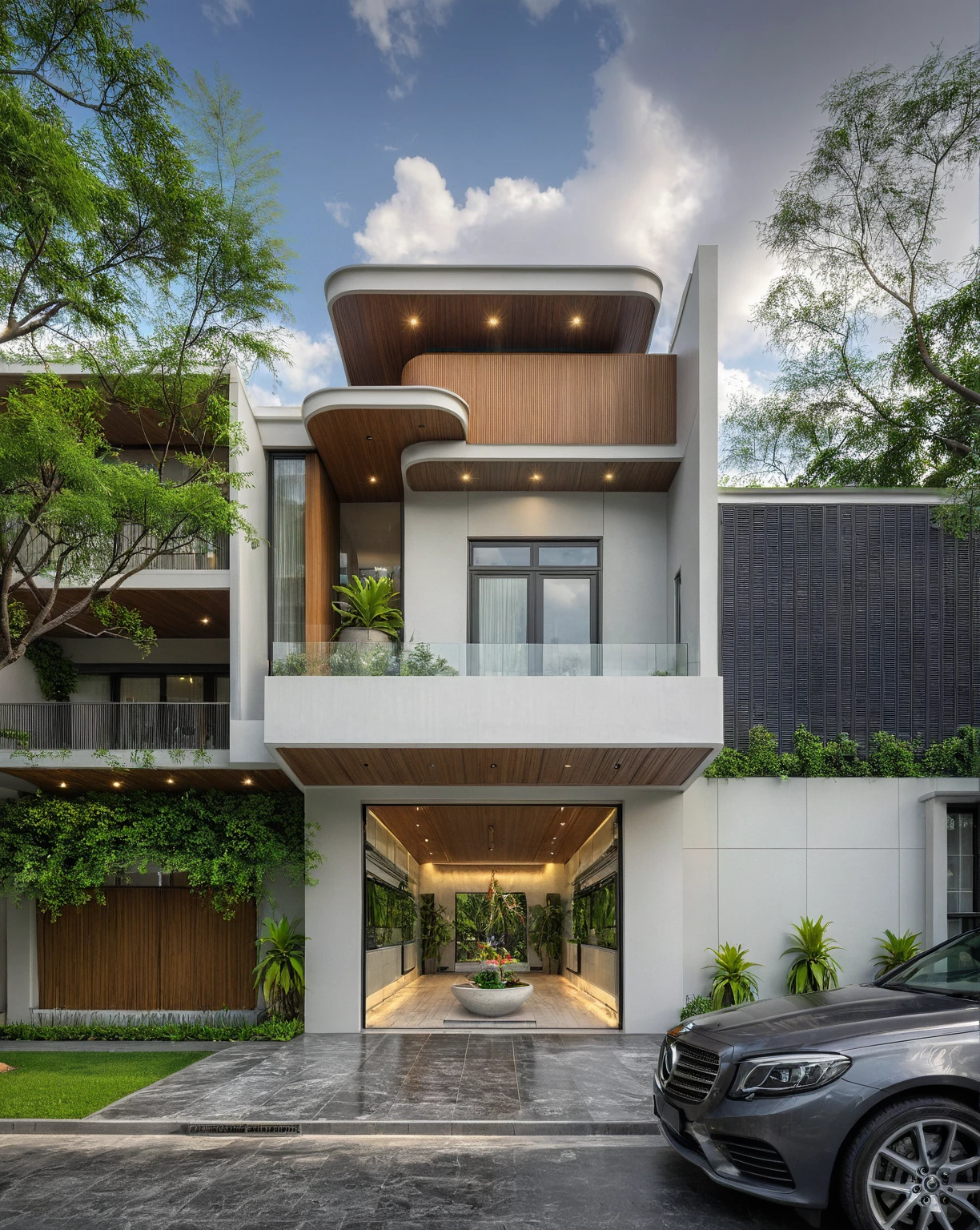 modern villa on street, (overcast lighting:1.2), tropical tree, vivid color, streetcapes, nice sky, grey and wwhite tone, (large glass door:1.2), warm interior lighting, modern material, best quality, ultra realistic, masterpiece, 17ArchiAI_XL_VL-v1