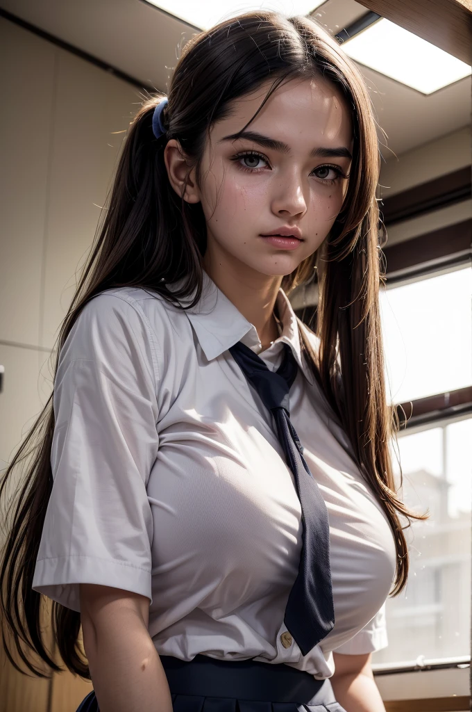 (RAW photo: 1.2), (photorealism: 1.4), top quality, beautiful detailed girl, huge file size, high resolution, 8k wallpaper, fine detail, highly detailed ticker uniform 8k wallpaper, hyper realistic, super detail, masterpiece, 16 year old girl, very detailed eyes and face, beautiful detailed eyes, light on face, movie lighting, sexy pose, varied pose, brown ponytail hair, beautiful gigantic breast, school PA uniform, ((school PA uniform in school gym)), standing, shot from below, school gym, rainy days, dark sky, ((she is sweating))
